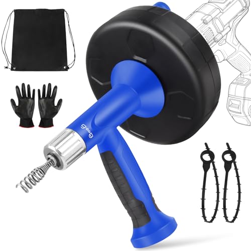 XJX Drain Auger, Plumbing Snake with Drill Adapter, 25FT Flexible Steel Drain Clog Remover, Manual or Powered for Kitchen, Bathroom & Shower Sink, with Gloves and Storage Bag - color: Bule