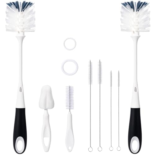 8 Pack Baby Bottle Brush Set, Two 12.7" Nylon Brush with Hidden Cleaner, 5.4" Nylon & 5.7" Sponge Nipple Brushes, 4 Straw Brushes, 2 Hanging Rings, BPA-Free, Black - color: Black