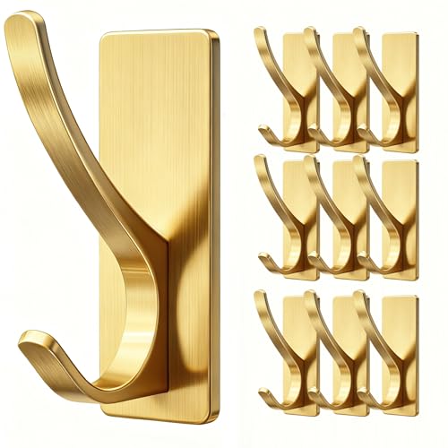 10 Pack Brushed Gold Self Adhesive Coat Hooks for Hanging: 13LB Extra Strong Stainless Double Wall Hook for Towel, Backpack, Hat, Sturdy Metal Hanger for Bathroom, Bedroom, Door, Wall Mounted - color: Gold, size: 10 Pack