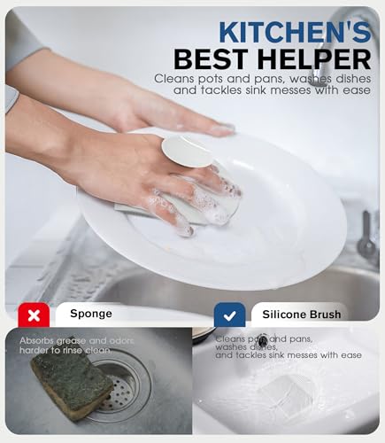 2 Pack Silicone Sink Cleaning Brush with Squeegee, Flexible Non-Scratch Dish Scrubber for Kitchen and Bathroom Sink, Countertop & Dishwashing, Suction Cup Hanging Design (White) - color: White