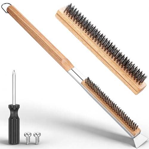 21'' Pizza Oven Brush Pizza Stone Brush with Stainless Steel Stone Scraper and Bristles Outdoor Oven Accessory Includes Extra Replacement Brushes Head and Screwdriver
