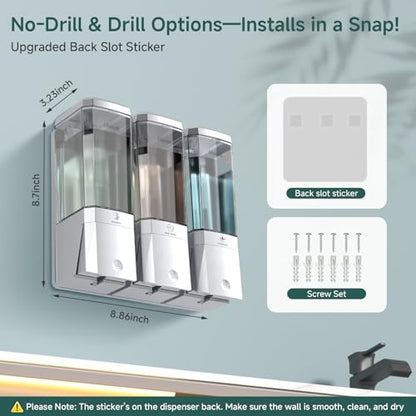 Shampoo and Conditioner Dispenser 3 Chamber No Drill Shower Soap Dispenser Wall Mounted Shampoo Conditioner Body Wash Dispenser 3 * 500ml Refillable Shower Dispenser for Bathroom Hotel, Silver - color: Silver 3 Chamber