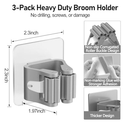 3Pcs Broom Holder Wall Mount Adhesive Mop Hanger No-Drill Strong Hold Hook Waterproof Mop and Broom Organizer Space Saving Storage Rack(Grey) - color: Grey