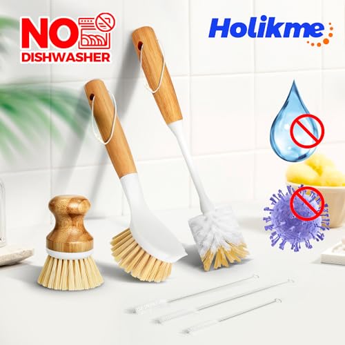 Holikme 6 Pack Dish Brush Scouring Pad Set with Bottle Brush, Dish Brush, Palm Scrub Brush and Straw Brush, Dish Scrubber Long Handle for Dish Bottle Cup Skillet Wok Pot Pan Cast Iron, Yellow - color: Yellow