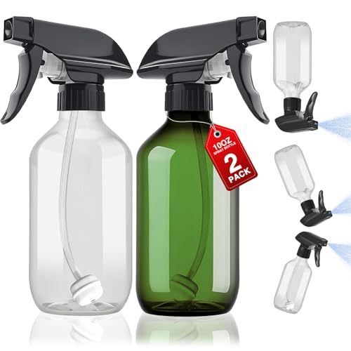 2 Packs Plastic Spray Bottles 360°Water Spray Bottle for Cleaning - 10 oz/300 ml Upside Down Spray Bottle Small Squirt Bottle with Adjustable Nozzle for Hair, Cooking, Plant, Pet (Clear + Green) - color: Clear & Green, size: 10oz