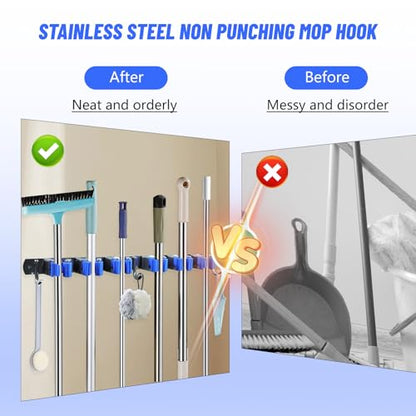 BigKing Mop Broom Holder Wall Mounted,6 Racks 3 Hooks Heavy Duty Stainless Steel Broom and Mop Hangers,Garage Storage Rack & Garden Tool Organizer, Self-adhesive/Screw Drilling