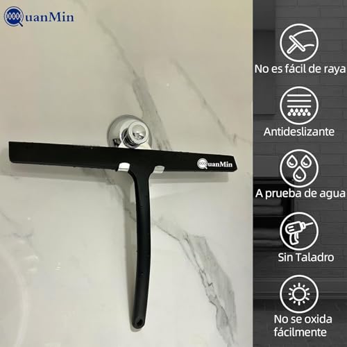 11 Inch Squared Shower Squeegee with Hook & Suction Cup, Stainless Steel Core Silicone Wiper, Streak-Free Cleaner for Glass Doors, Windows, Mirrors, Tile Walls & Car Cleaning (Black) - size: Square Headed-11 inch