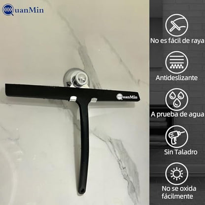 11 Inch Squared Shower Squeegee with Hook & Suction Cup, Stainless Steel Core Silicone Wiper, Streak-Free Cleaner for Glass Doors, Windows, Mirrors, Tile Walls & Car Cleaning (Black) - size: Square Headed-11 inch
