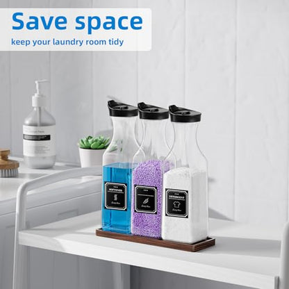 Laundry Detergent Dispenser,54OZ Laundry Soap Dispenser,Liquid Laundry Detergent Container,Fabric Softener Dispenser with Brown Wood Tray,Laundry Room Organizer with 4 Labels - color: Black With Brown Tray