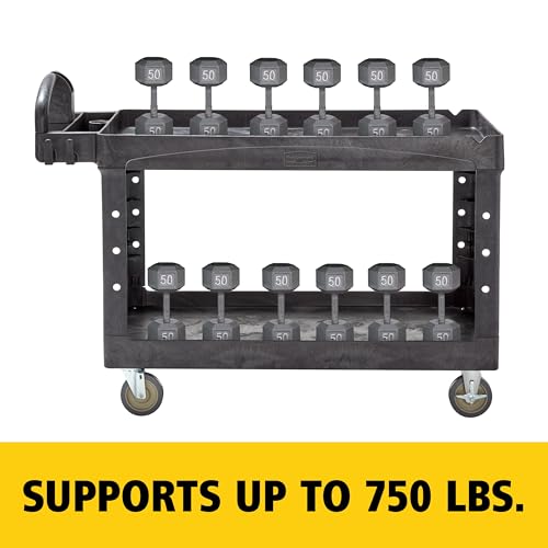 Rubbermaid Commercial Products BRUTE Heavy Duty 2-Shelf Utility/Service Cart, Medium, Lipped Shelves, Ergonomic Handle, 750 lb Capacity, Black, for Warehouse/Garage/Cleaning/Office - color: Black, size: Large, style: 2-Shelf