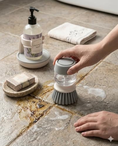 Soap Dispensing Palm Brush with Storage Stand - Self-Draining Kitchen Scrub Brush Set for Dishes & Pans, Push Button Cleaning Brush with Refillable Dispenser, 3.3 x 4.9 Inches, White & Grey