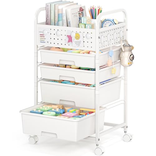 SYKIARIOL 4 Drawer Rolling Storage Cart with Pegboard Top and Hooks, Mobile Organizer Cart with Wheels for Office Supplies, Craft Storage, Classroom Organization, Home Utility Cart, White - color: White, size: 4-Drawers