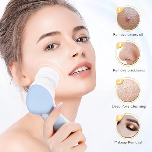 COSLUS Facial Cleansing Brush Silicone Face Scrubber: 7 in 1 FBS-D Electric Exfoliating Rotating Massage Device Waterproof Deep Cleaning Exfoliation Spa Machine - Electronic Skin Care Wash System - color: Light Blue, size: With 7 brush heads