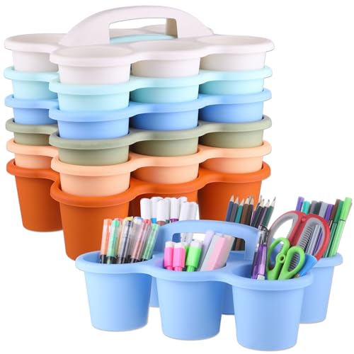 6 Pack Classroom Caddy Organizer with Handle Morandi Plastic Table Caddy Drink Cup Caddies Holder 12×9×3.5 Inches Storage School Supplies 6 Compartments for Table Crayon Pencil Cup Marker Craft - color: Morandi