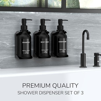 Modern Shampoo and Conditioner Dispenser - Shower Soap Dispenser Wall Mounted - 16 oz Set of 3 Plastic Black Bottles with Black Pumps - Stylish Shampoo Dispenser, Shower Dispenser 3 Chamber No Drill - color: Black