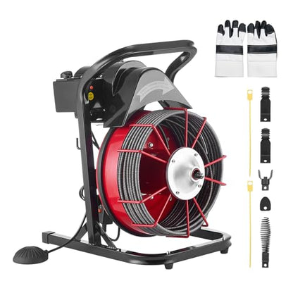 VEVOR Drain Cleaner Machine 75 FT x 3/8 Inch, Sewer Snake Auger Manual Feed with 4 Cutters & Air-activated Foot Switch for 2" to 4" Pipes - style: 75 FT x 3/8''