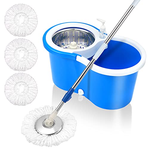 Spin Mop Bucket System, 360 Spin Floor Cleaning Mop Bucket with 3 Microfiber Replacement Head Refills Telescoping Handle for House Cleaning - color: Blue