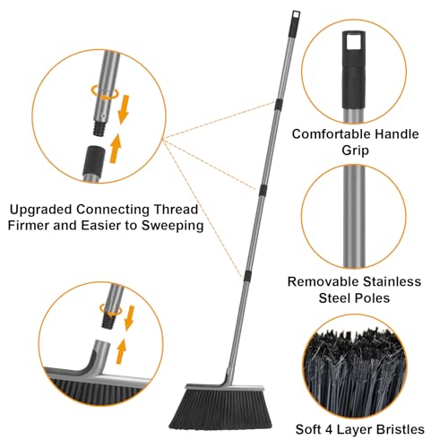 KeFanta 4 Packs Outdoor Broom Heavy Duty with 55" Long Handle, Commercial Brooms for Sweeping Indoor Courtyard Restaurant Garage Patio Decks Mall Market Kitchen Office Lobby Shop