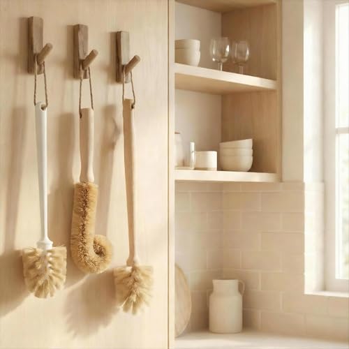 2-Piece Kitchen Brush Set - Includes 1 Plastic Handle Ponytail Cup Brush & 1 Wooden Handle Coconut Scrubber - Cleaning Kit for Bottles & Pots - size: 2 Piece Set - Cup Brush + Scrubber
