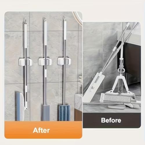 Wall-Mounted Mop and Broom Holder - Self-Adhesive, No Drilling Required, Household Storage Fixture for Easy Installation, ABS Material, White and Grey
