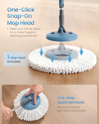 SONGMICS Spin Mop and Bucket Set with Pedal Wringer, Floor Cleaning Mop, Adjustable Telescopic Handle, Max. 59.1-Inch Length, 360° Rotating Head, 4 Microfiber Pads, Blue and Gray ULMB002QT04 - color: Blue + Gray, size: 4 Pads