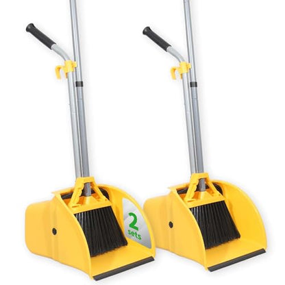 Commercial Broom and Dustpan Set Debris Dustpan with Handle,Jumbo Debris Pan, Trash Collection for Industrial/Professional Cleaning,2Sets, Yellow,Extra-Large Size
