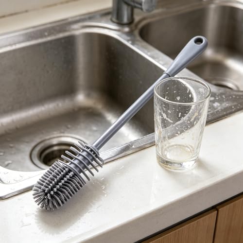 Silicone Bottle Brush, Long Handle Flexible Scrub Brush for Deep Cleaning Kitchen Items Grey