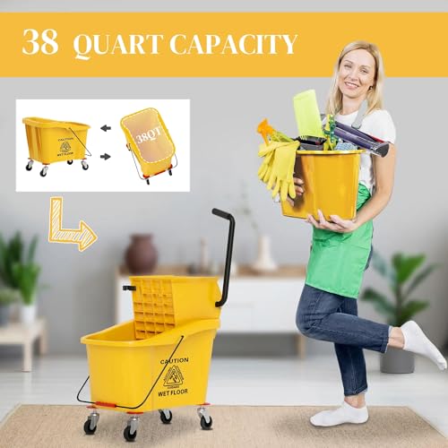 38 Quart Mop Bucket with Down Press Wringer on Wheels, Rolling Floor Cleaning Bucket with Handle, Commercial Cleaning System (Yellow) (Yellow) - color: Yellow