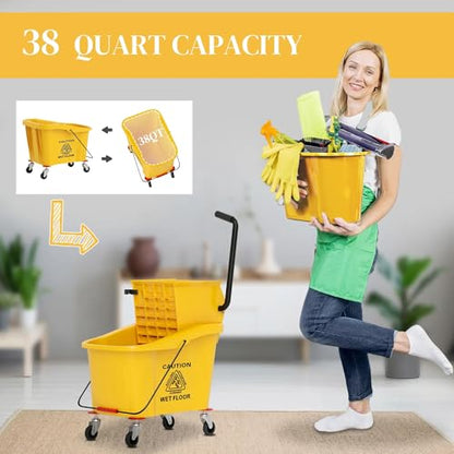 38 Quart Mop Bucket with Down Press Wringer on Wheels, Rolling Floor Cleaning Bucket with Handle, Commercial Cleaning System (Yellow) (Yellow) - color: Yellow