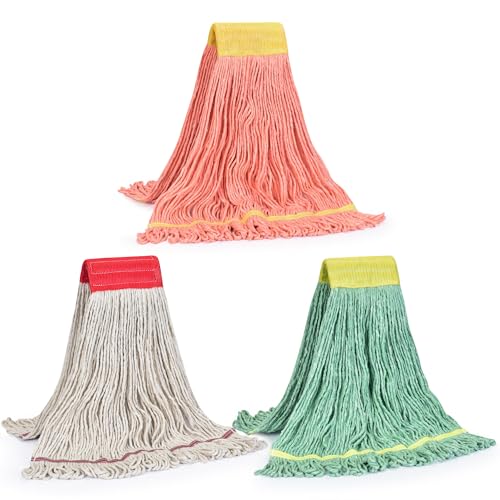 Matthew Cleaning 3Pcs 5'' Headband White&Orange&Green Medium Commercial String Mop Heads, Loop-End Mop Head Replacement, Heavy Duty Industrial Washable&Reusable Mop Refills for Residential& Warehouse - color: Green&white&orange, size: 3 Count