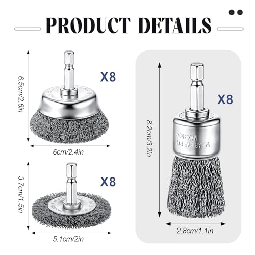 Bokon 24 Pcs Wire Brush for Drill Carbon Steel Wire Wheel and Pen Brush Set with 1/4-inch Hex Shank Wires Brushes Drill Attachments for Cleaning Rust Removal Scrub Surfaces Abrasive