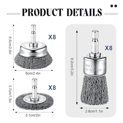 Bokon 24 Pcs Wire Brush for Drill Carbon Steel Wire Wheel and Pen Brush Set with 1/4-inch Hex Shank Wires Brushes Drill Attachments for Cleaning Rust Removal Scrub Surfaces Abrasive