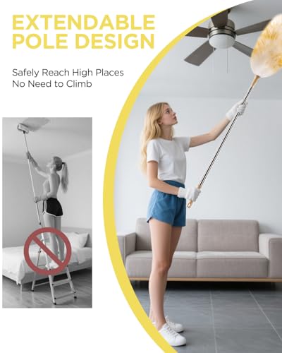 Extendable Lambswool Duster 30-100 Inch, Stainless Steel Long Handle Duster, Natural Feather Duster for Cleaning High Ceilings, Fans, Bookshelves, Interior, Cars, Brown