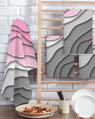 Geometric Pink Hand Towels Set,Waffle Weave Kitchen Towels 2 Pieces,Microfiber Hair Face Bath Tea Towel Absorbent Quick Drying Cleaning Dish Cloths,Abstract Ombre Grey White Modern Art 15.7"x23.6" - color: Pink, size: 2PCS,15.7"x23.6"