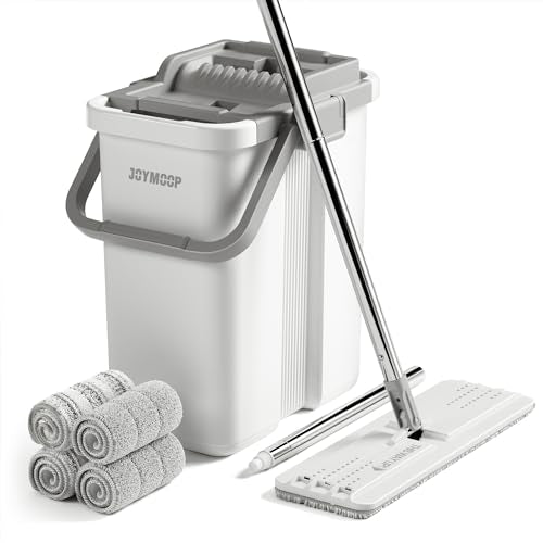 JOYMOOP Flat Mop System, Microfiber Mop and Bucket Set, White, Household & Commercial Floor Cleaning Mop with Long Handle, Hands-Free Cleaning System - color: White Plus241