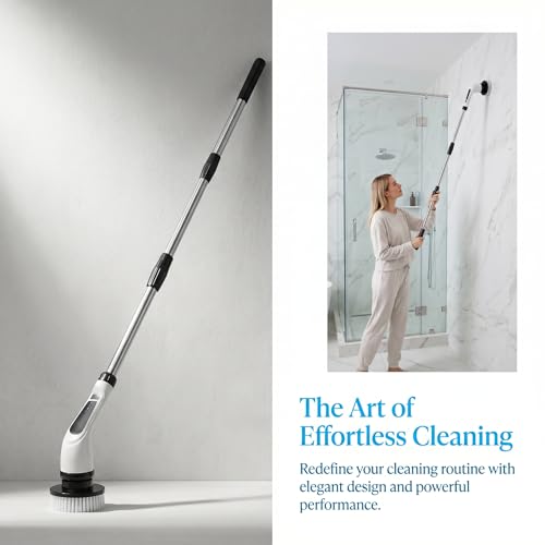 Electric Spin Scrubber - Ditch the Scrubbing! Long Handle Shower Scrubber with 9 Replaceable Heads & 2 Speed Cordless Brush in Modern White!
