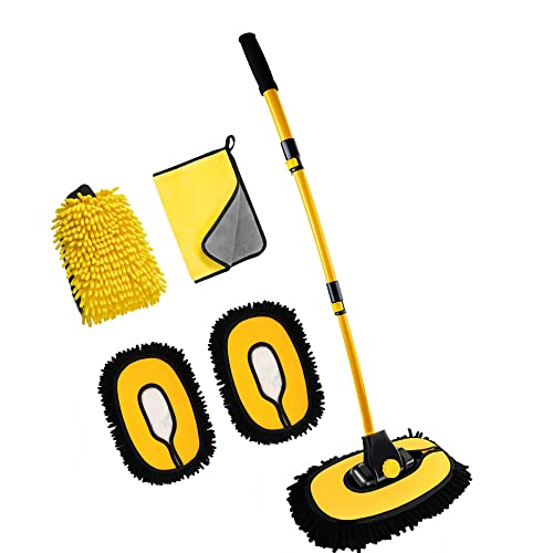 MVEQRRN Upgrade Car Wash Brush Mop with Long Handle,Chenille Microfiber Car Wash Brush Car Cleaning Brush Kit Car Wash Mop Supplies Car Washing Brush with Scratch-Free Replacement Head - color: Yellow-003
