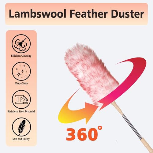 Lambswool Duster Extendable 22–55 Inch Natural Wool Duster with Flexible Head for Ceilings Furniture Blinds Electronics Washable Reusable-Red - color: Red