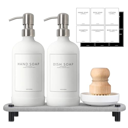 Kitchen Soap Dispenser Set with Instant Dry Tray,16 Oz Hand and Dish Soap White Glass Dispenser Set,Stainless Steel Pump,Waterproof Labels&Dish Brush,Luxury Soap Bottle for Kitchen,Bathroom - color: White Bottle+silver Pump