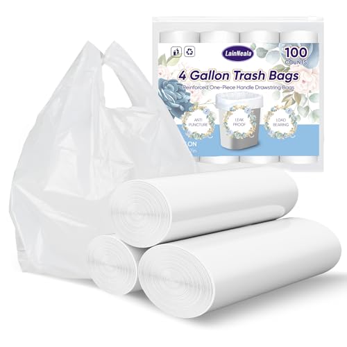 LainNeala Small Trash Bags 4 Gallon with Strong Handles, 100 Count Small Garbage Bag Bathroom White Mini Trash Bag Trash Can Liners Unscented Small Garbage Bags for Bathroom Can