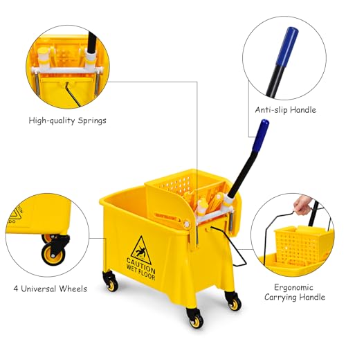 ARLIME Commercial Mop Bucket with Wringer, 21 Quart Capacity Portable Wringer Trolley, Side Press Floor Cleaning Wavebrake w/Handle, Small Mop Bucket on Wheels for Home, Industrial, Yellow - size: 21 Quart