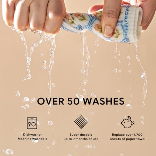 RECYCO Swedish Dishcloths for Kitchen | 6 Packs Bloom Tiles Washable Dish Rags | Cellulose Reusable Cleaning Paper Towels | Absorbent Counter Dish Cloth Sponge Kitchen Wipes, 8" L x 7" W - color: Bloom Tiles - 6 Pack