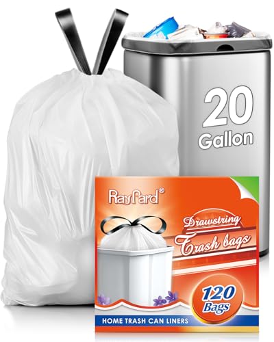 20 Gallon Large Drawstring Trash Bags 120 Counts, Fit 20-21 Gal Trash Can, Heavy Duty Tall Kitchen Garbage Liners, Large Trash Bags Size Chart for Home/Office, Outdoor Lawn & Leaf Bags, White - style: 120-20 Gallon-White