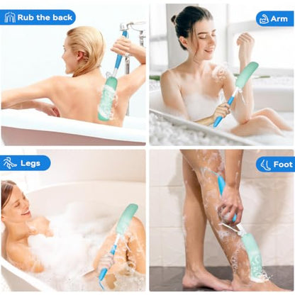 Back Scrubber for Shower，Mesh Sponge Body Shower Brush with Long Handle for Use in Shower Back Scrubber,Back Scrub for Exfoliating Body Scrubber or Shower Brush (Blue and Blue) - size: Blue+Blue Handle (YS0125)