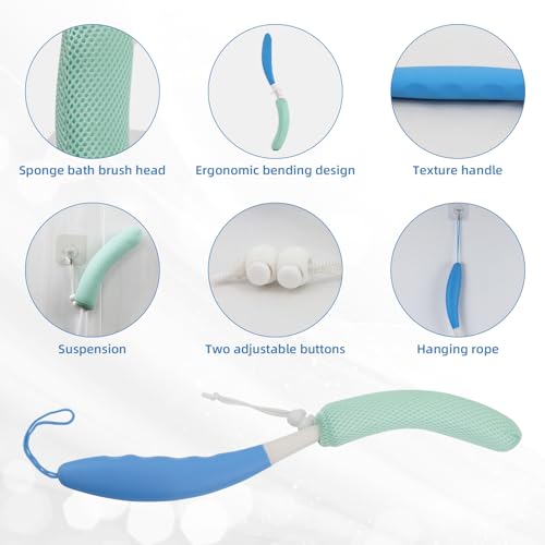 KkaFFeKkaFFe Shower Back Brush With Long Handle, 15.35" Body Brush, Back Scrubber for Men Women, Handled Sponge Body Exfoliator, Loofah Scrubber for Aid Bathing - size: Blue+Green Handle
