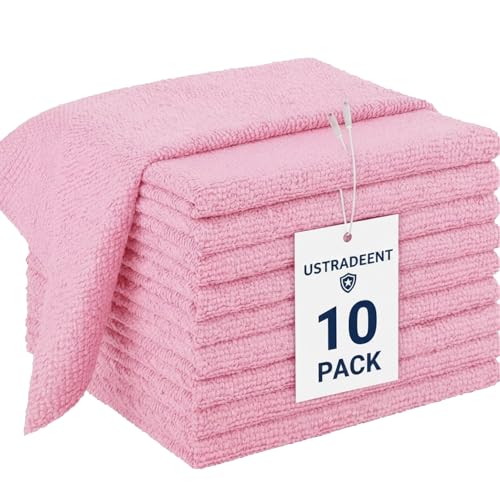 10 Pack All Purpose Microfiber Cleaning Cloth - Pink Cleaning Rags, Terry Cleaning Paper Towels - Commercial Grade, Lint Free, Highly Absorbent - 12x12 inch (Pink) - color: Pink