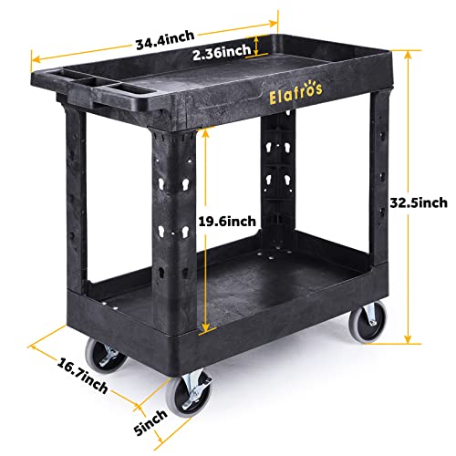 ELAFROS Heavy Duty Plastic Utility Cart 34 x 17 Inch - Work Cart Tub Storage W/Deep Shelves and Full Swivel Wheels Safely Holds up to 550 lbs - 2 Tier Service Cart for Warehouse,Garage, Cleaning
