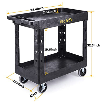 ELAFROS Heavy Duty Plastic Utility Cart 34 x 17 Inch - Work Cart Tub Storage W/Deep Shelves and Full Swivel Wheels Safely Holds up to 550 lbs - 2 Tier Service Cart for Warehouse,Garage, Cleaning