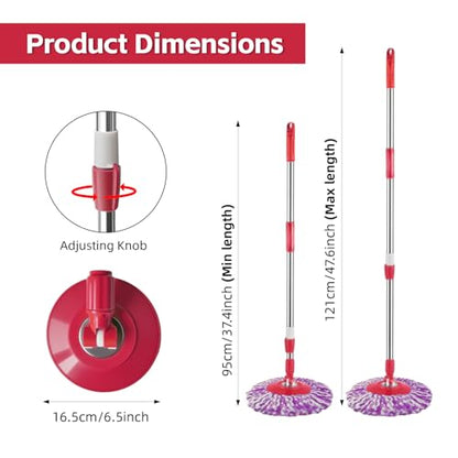 Spin Mop Replacement Handle, 47.6-inch 360 Degrees Rotating Telescopic Replacement Mop Stick with Robust Reinforced Plastic Disc for Spin Mop Bucket Cleaning System (Plastic Disc,Red) - color: Red, style: Plastic Disc
