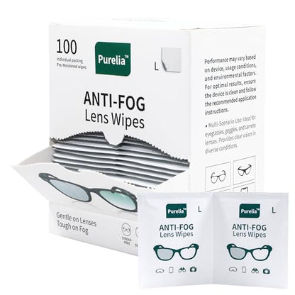 Anti-Fog Lens Wipes (12x12cm) – Larger Size, 100-Count, Individually Wrapped, Pre-Moistened Cleaning Sheets for Glasses, Goggles & Screens, No-Residue, Streak-Free Fog Prevention